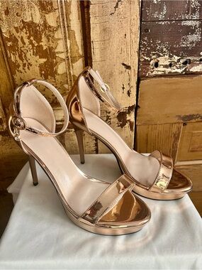 Rose Gold Mirror Stiletto Heels | Ankle Strap Platform Sandals | Size 8.5